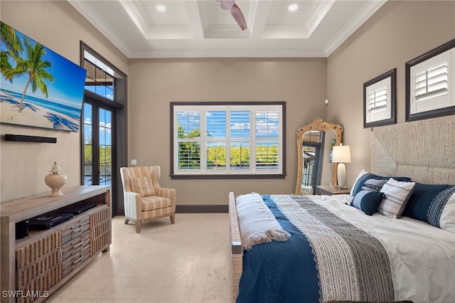 bedroom featuring coffered ceiling, crown molding, and beam ceiling