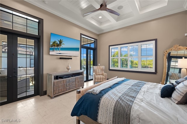 bedroom with beamed ceiling, ceiling fan, french doors, and coffered ceiling