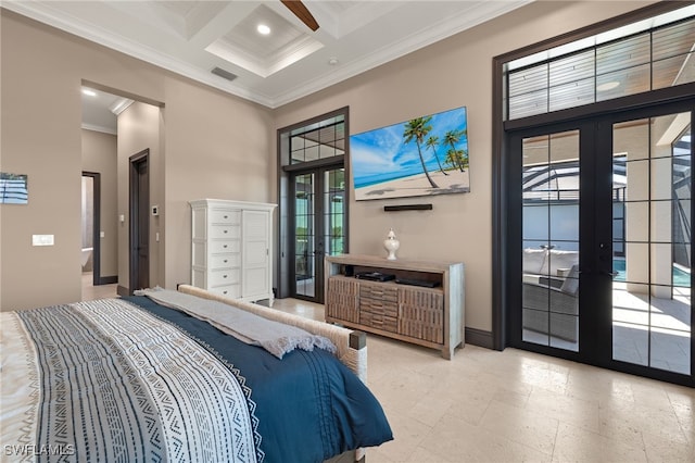 bedroom with coffered ceiling, access to outside, french doors, crown molding, and beamed ceiling