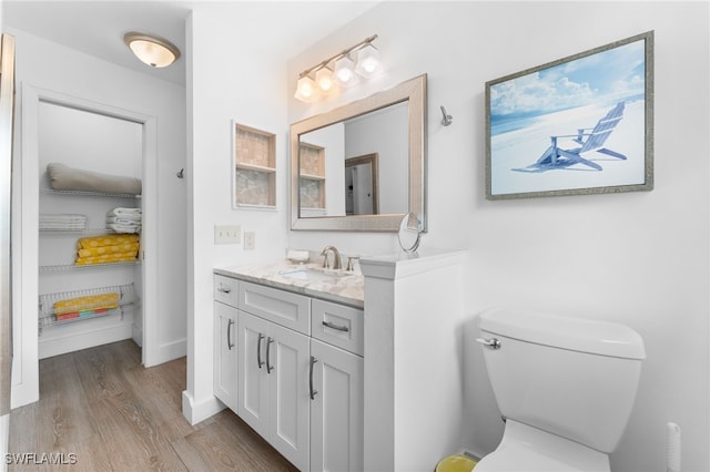 bathroom with vanity, wood-type flooring, and toilet