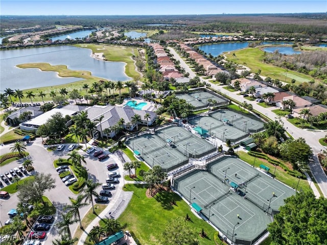 bird's eye view with a water view