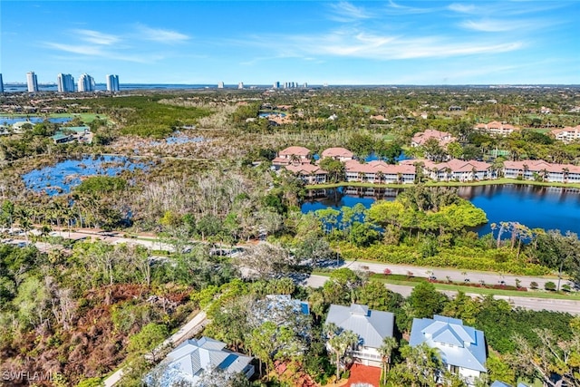 drone / aerial view featuring a water view