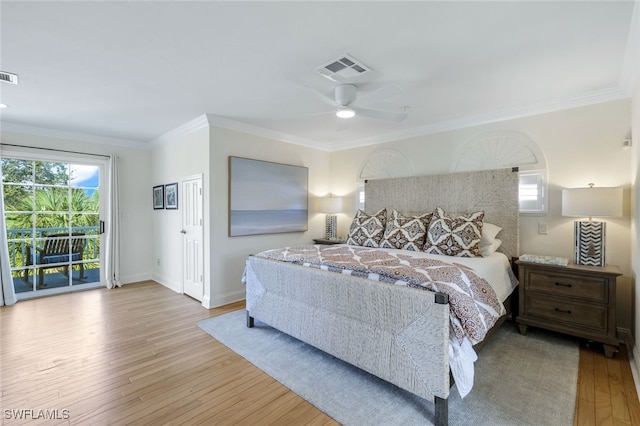 bedroom featuring ceiling fan, crown molding, access to outside, and light hardwood / wood-style flooring