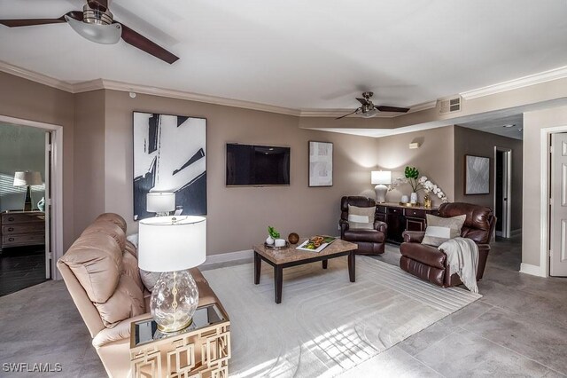 living room featuring crown molding, ceiling fan, and concrete flooring