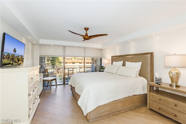 bedroom featuring access to outside, ceiling fan, and light hardwood / wood-style floors