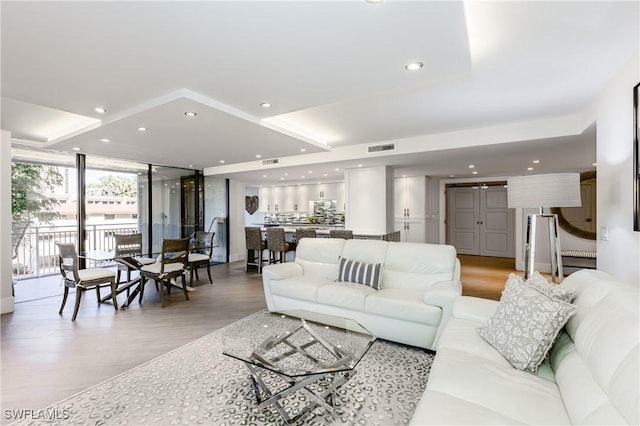 living room featuring expansive windows, a raised ceiling, and light wood-type flooring