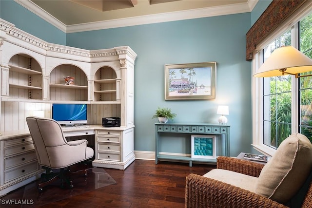 office with dark hardwood / wood-style floors and crown molding