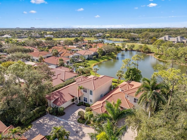 drone / aerial view featuring a water view