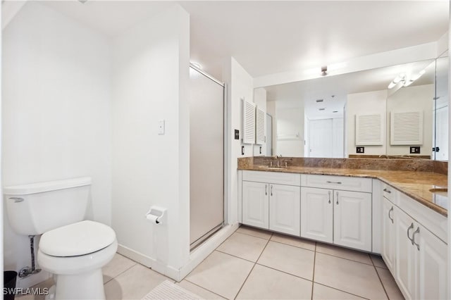 bathroom featuring tile patterned flooring, vanity, toilet, and a shower with door