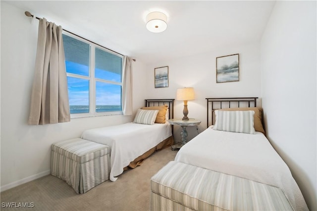 bedroom with a water view and light colored carpet