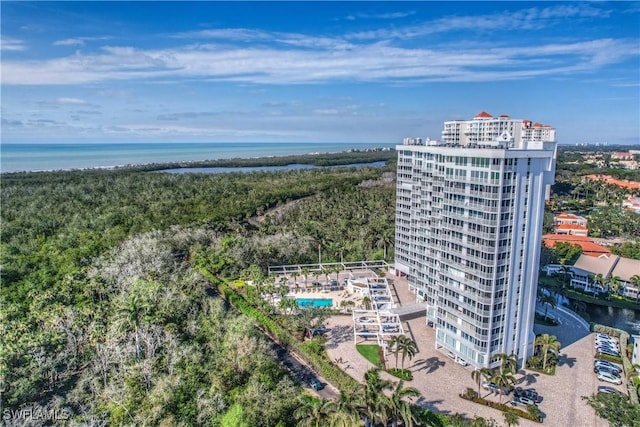 birds eye view of property featuring a water view