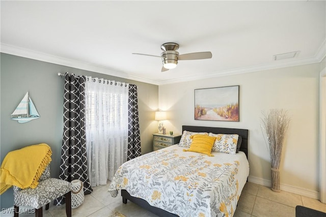 bedroom featuring ceiling fan, light tile patterned floors, and crown molding