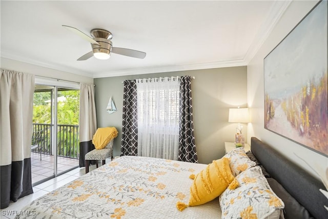 bedroom with access to exterior, light tile patterned floors, ceiling fan, and crown molding