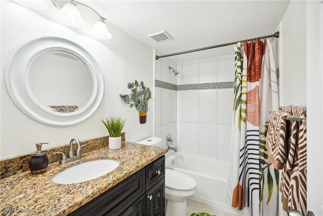 full bathroom with vanity, toilet, and shower / bath combo with shower curtain