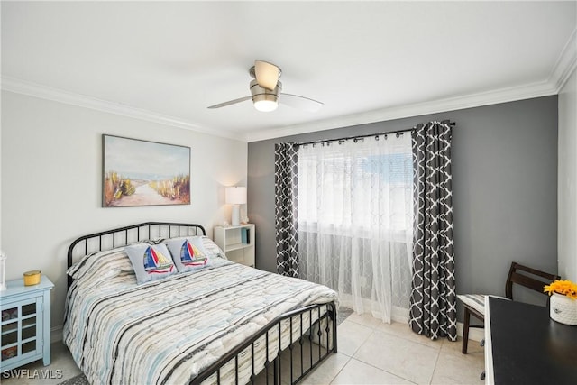 tiled bedroom featuring ceiling fan and ornamental molding