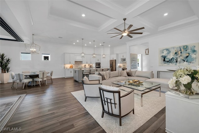 living room with coffered ceiling, ceiling fan, crown molding, beam ceiling, and dark hardwood / wood-style floors