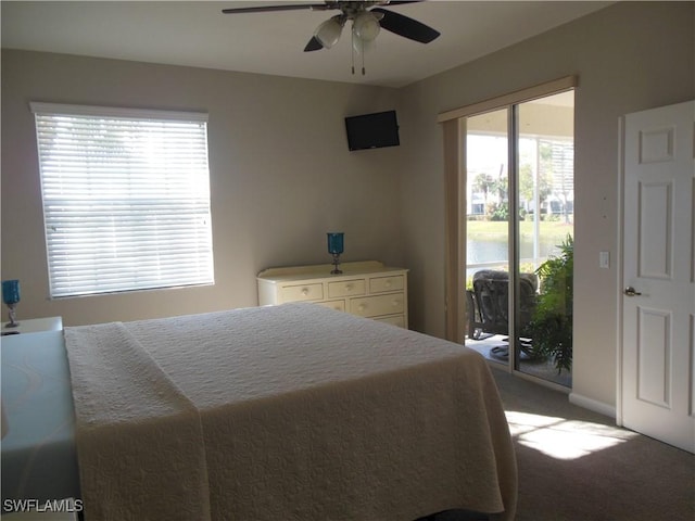 bedroom featuring carpet flooring, access to outside, and ceiling fan