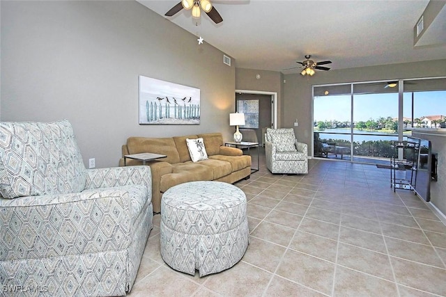 16590 Crownsbury Way Unit 102, Fort Myers, FL 33908 - living room featuring light tile patterned flooring, a water view, visible vents, and ceiling fan