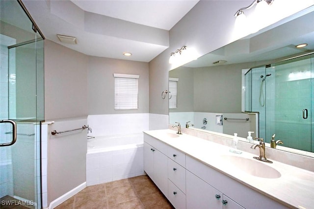 16590 Crownsbury Way Unit 102, Fort Myers, FL 33908 - bathroom with a bath, a sink, tile patterned flooring, and a shower stall