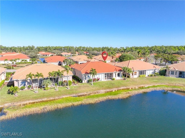 aerial view featuring a water view