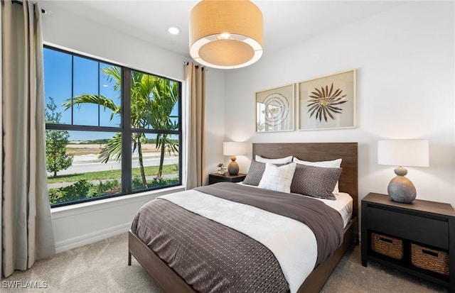 bedroom with light colored carpet