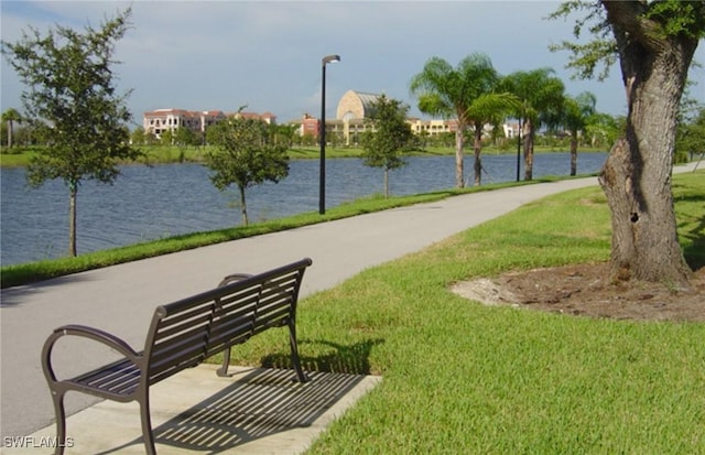 view of community featuring a lawn and a water view