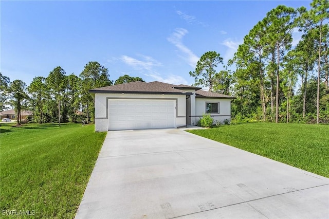 ranch-style home with a front yard and a garage