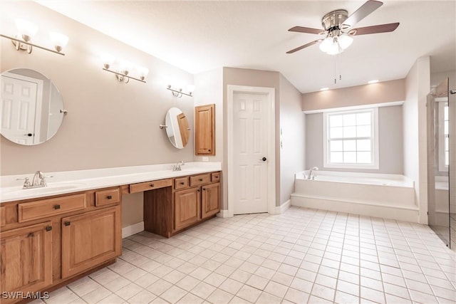 bathroom with ceiling fan, vanity, tile patterned flooring, and independent shower and bath