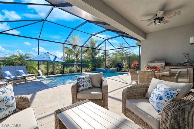 view of pool with ceiling fan, a lanai, grilling area, area for grilling, and a patio