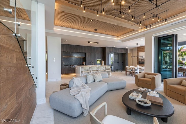 living room with a tray ceiling
