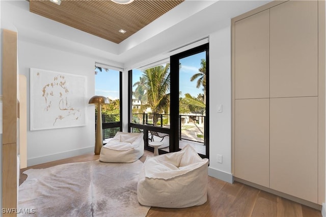 sitting room featuring a tray ceiling, light wood-style floors, and baseboards