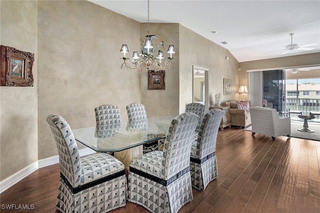 dining space featuring visible vents, baseboards, hardwood / wood-style floors, and ceiling fan with notable chandelier