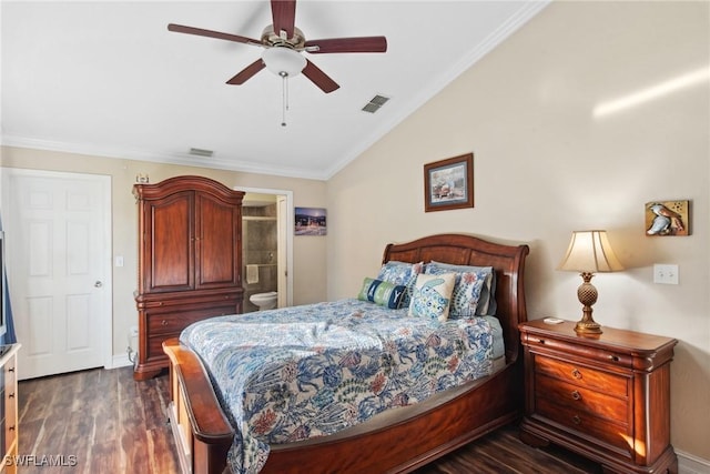 bedroom with ceiling fan, dark hardwood / wood-style flooring, crown molding, ensuite bathroom, and lofted ceiling