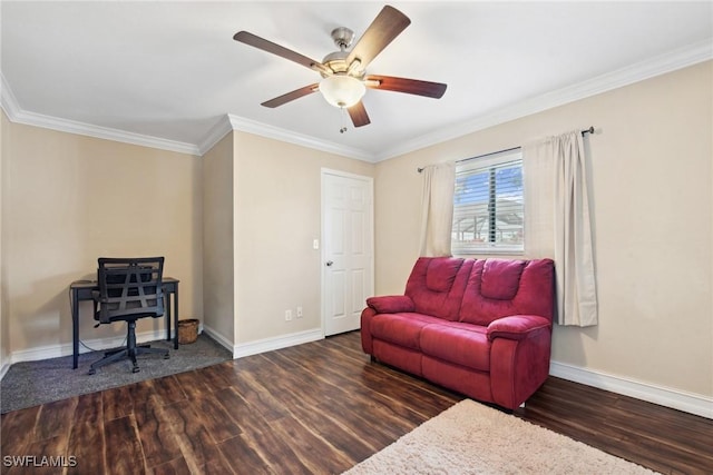 living area with ceiling fan, dark hardwood / wood-style flooring, and ornamental molding