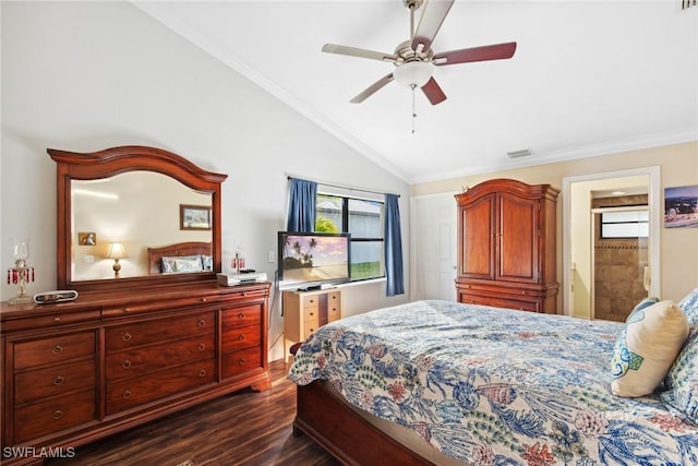 bedroom with connected bathroom, ceiling fan, dark hardwood / wood-style flooring, crown molding, and vaulted ceiling