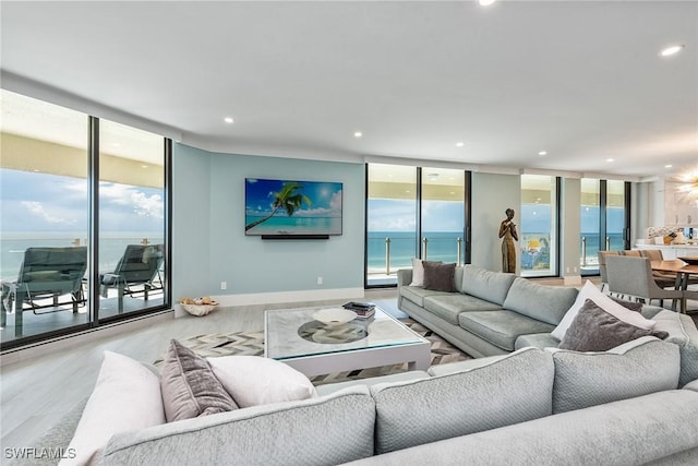 living room with floor to ceiling windows and light wood-type flooring