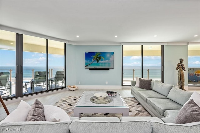 living room with light hardwood / wood-style floors and floor to ceiling windows