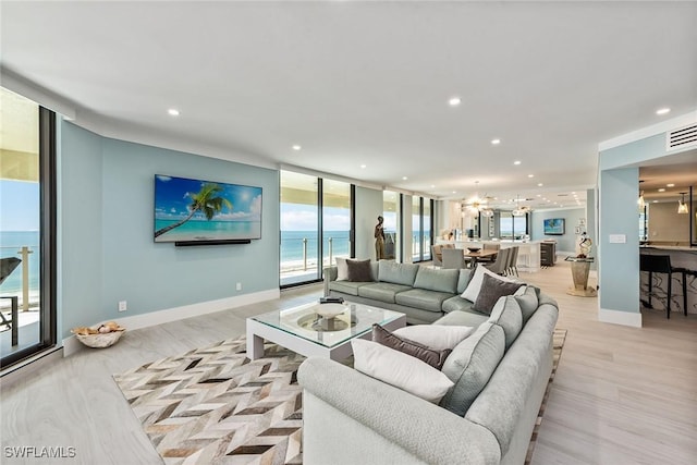 living room featuring light hardwood / wood-style floors and a wall of windows