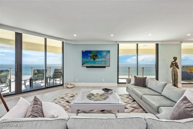 living room featuring light hardwood / wood-style floors and a wall of windows