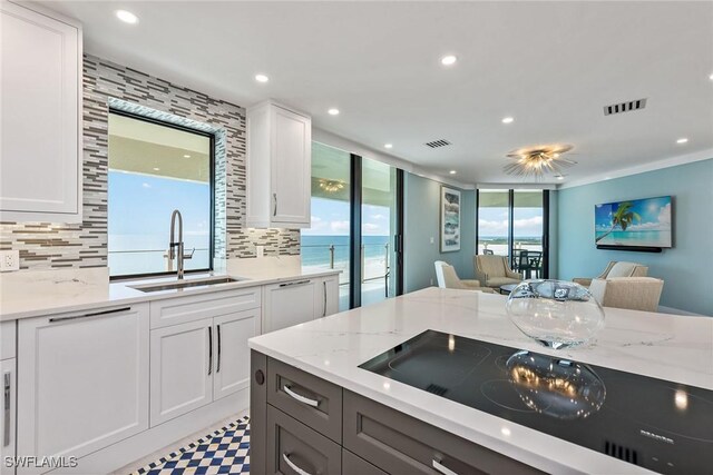 kitchen featuring sink, tasteful backsplash, white cabinetry, and light stone counters