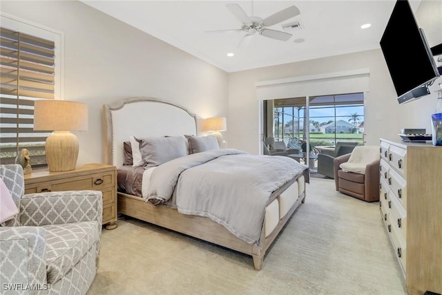 bedroom featuring ceiling fan, access to exterior, and light carpet