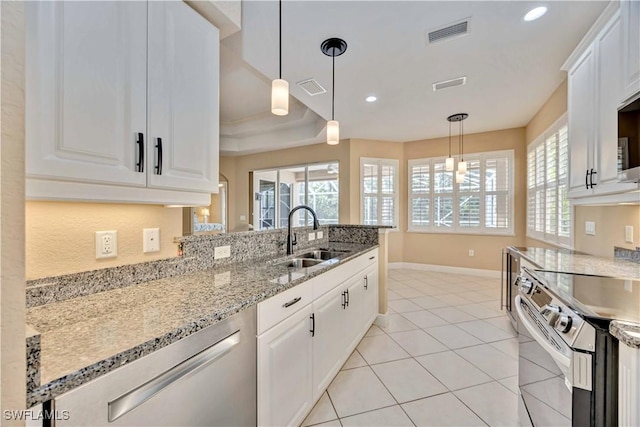 kitchen with sink, white cabinets, hanging light fixtures, and stainless steel range with electric cooktop