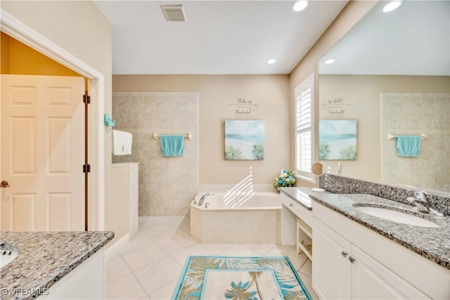 bathroom featuring separate shower and tub, tile patterned flooring, and vanity