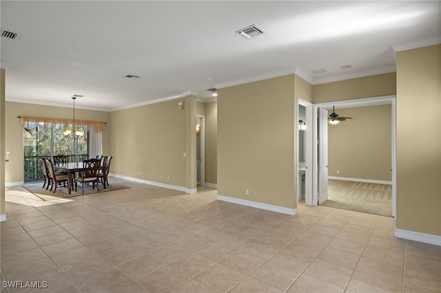 empty room with crown molding, light tile patterned flooring, and ceiling fan with notable chandelier