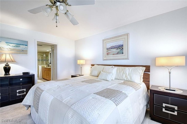 carpeted bedroom featuring ceiling fan and connected bathroom