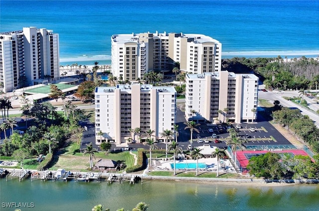 aerial view featuring a water view