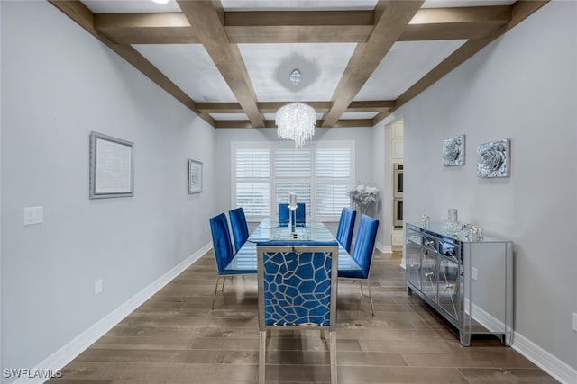 dining room featuring a chandelier, beam ceiling, and coffered ceiling