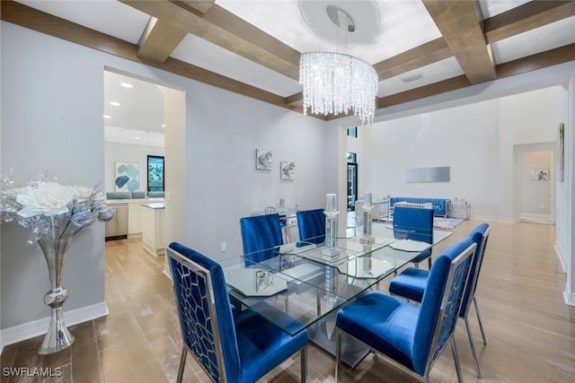 dining space with a chandelier, beam ceiling, light hardwood / wood-style flooring, and coffered ceiling