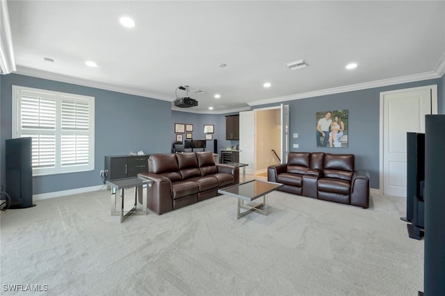 carpeted living room featuring ornamental molding