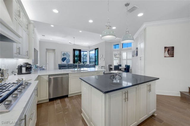 kitchen with white cabinetry, sink, stainless steel appliances, dark hardwood / wood-style flooring, and premium range hood